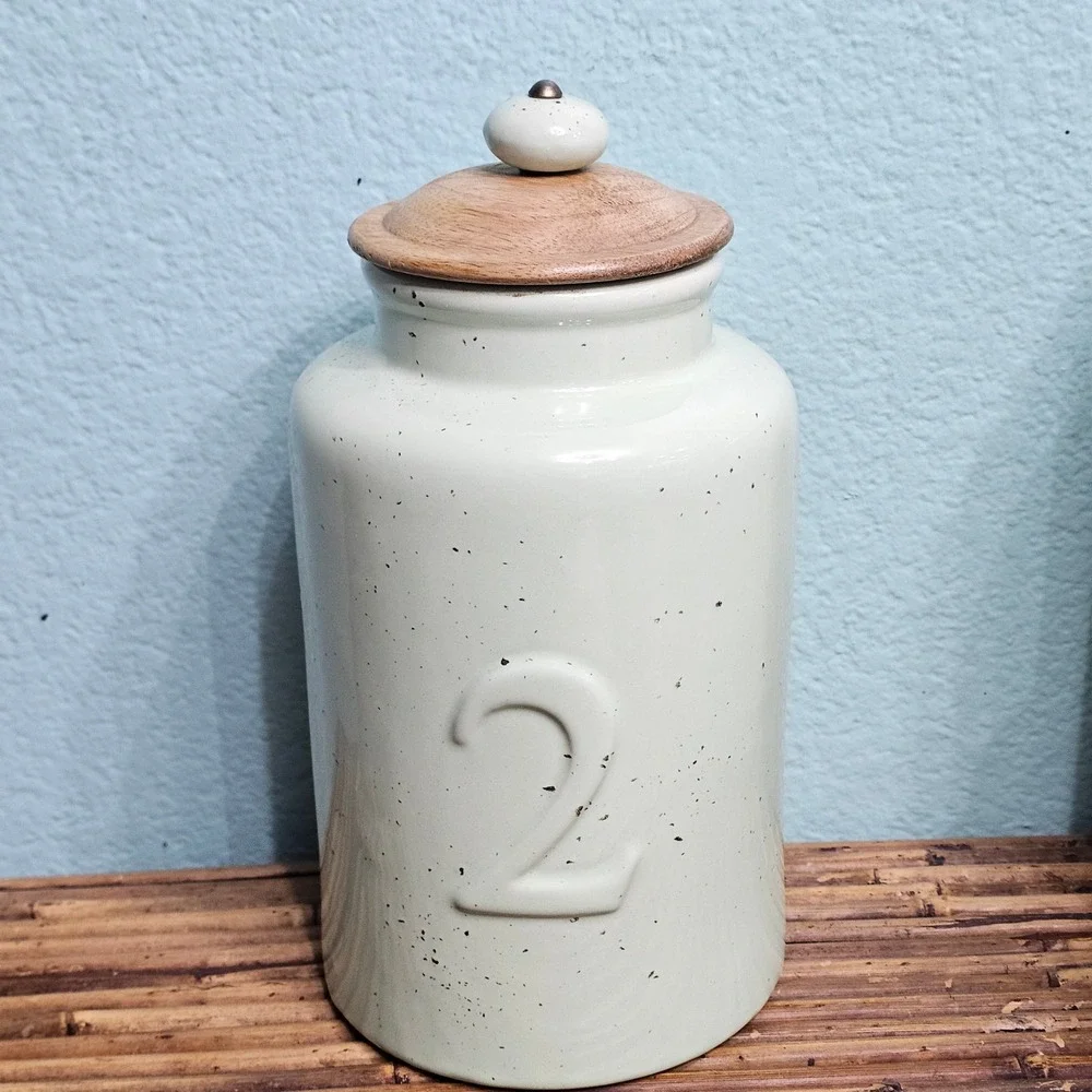 Pier 1 Imports Mint Green Speckled Ceramic Canister Set Wood Lids Farmhouse